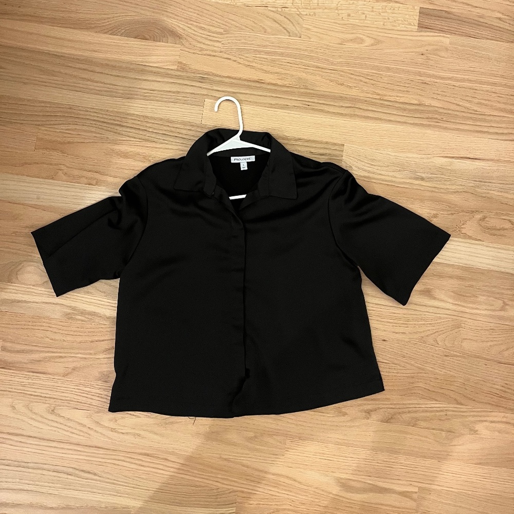 Black short satin collared shirt